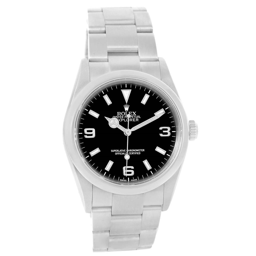 The image shows a front view of a Rolex Explorer 114270 Men's Stainless Steel Black Dial 114270 Men's Stainless Steel Black Dial watch, highlighting its black dial and stainless steel bracelet.