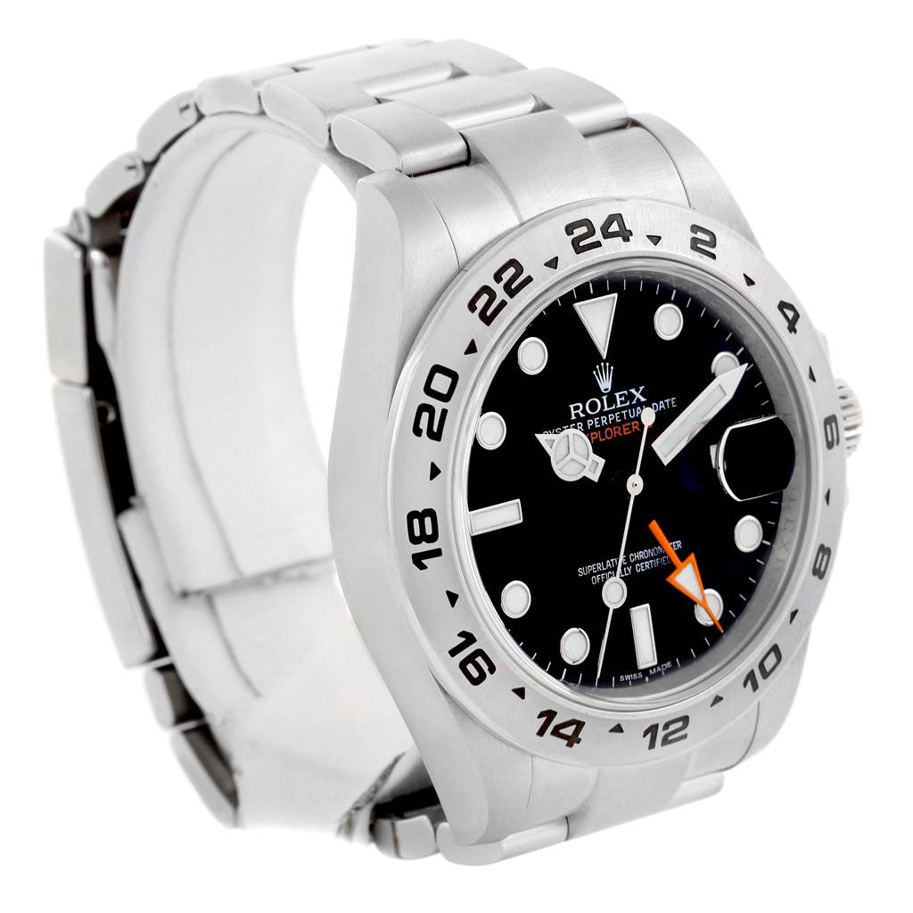 The image shows a Rolex Explorer 216570 Men
s Black Dial 216570 Men
s Black Dial watch at a three-quarter angle, highlighting the face, bezel, and bracelet.