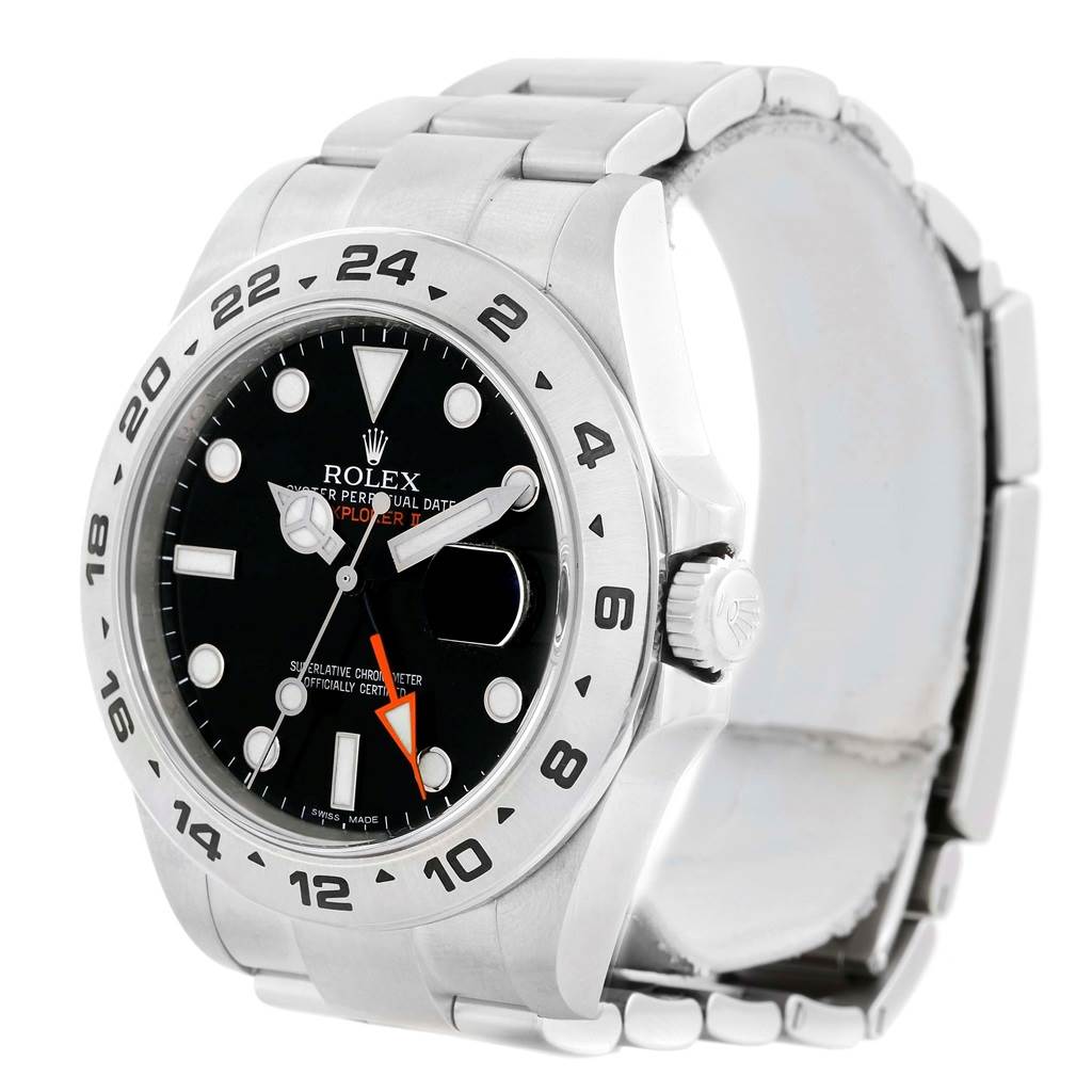 The image shows a side view of the Rolex Explorer 216570 Men
s Black Dial 216570 Men
s Black Dial watch, highlighting the bezel, dial, crown, and bracelet.