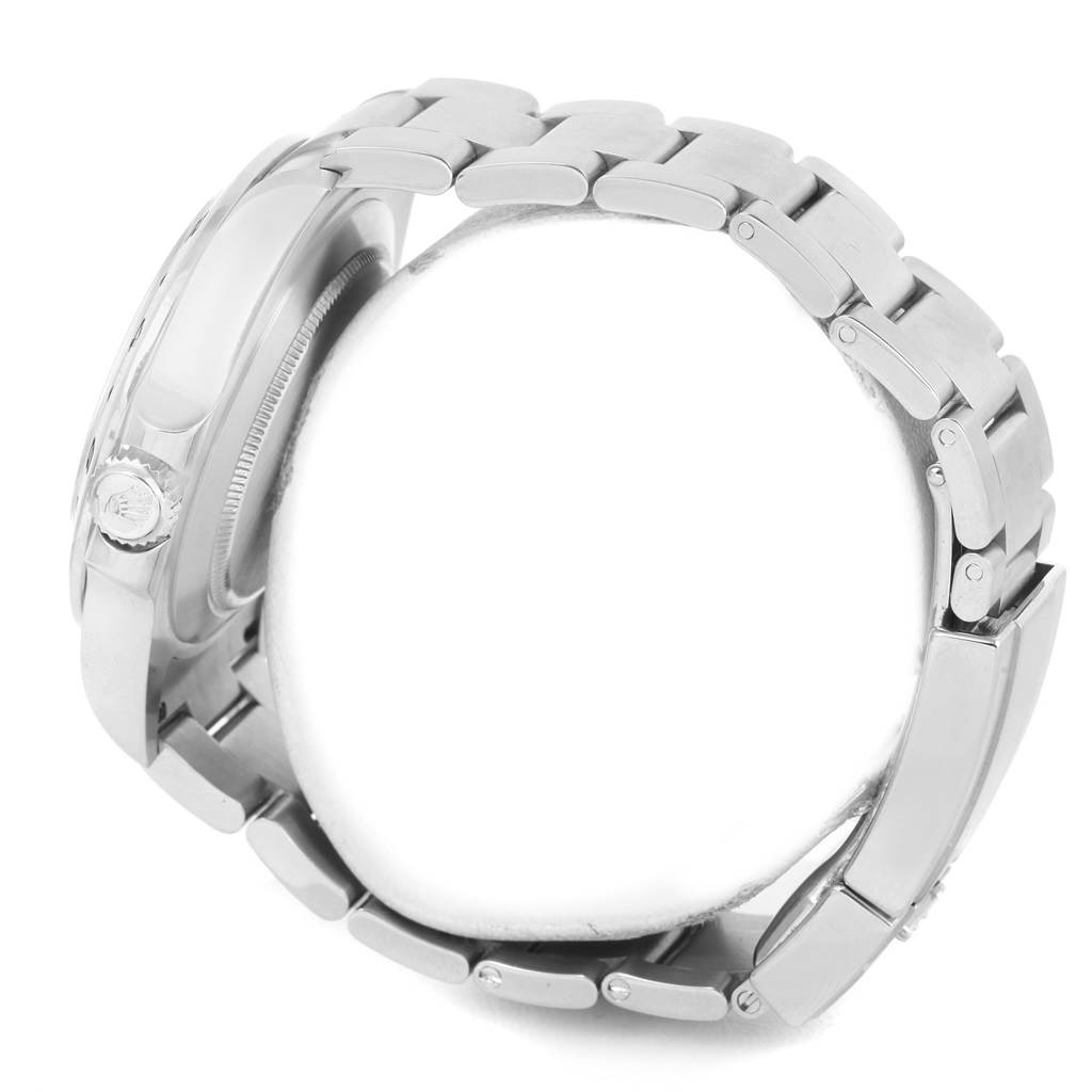 This image shows a side angle of the Rolex Explorer 216570 Men
s Black Dial 216570 Men
s Black Dial watch, primarily focusing on the case, crown, and bracelet.