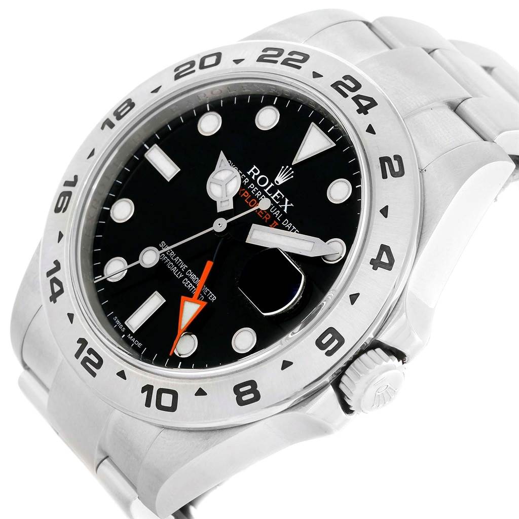 The image shows a close-up view of the dial, bezel, crown, and part of the stainless steel bracelet of a Rolex Explorer 216570 Men
s Black Dial 216570 Men
s Black Dial watch.