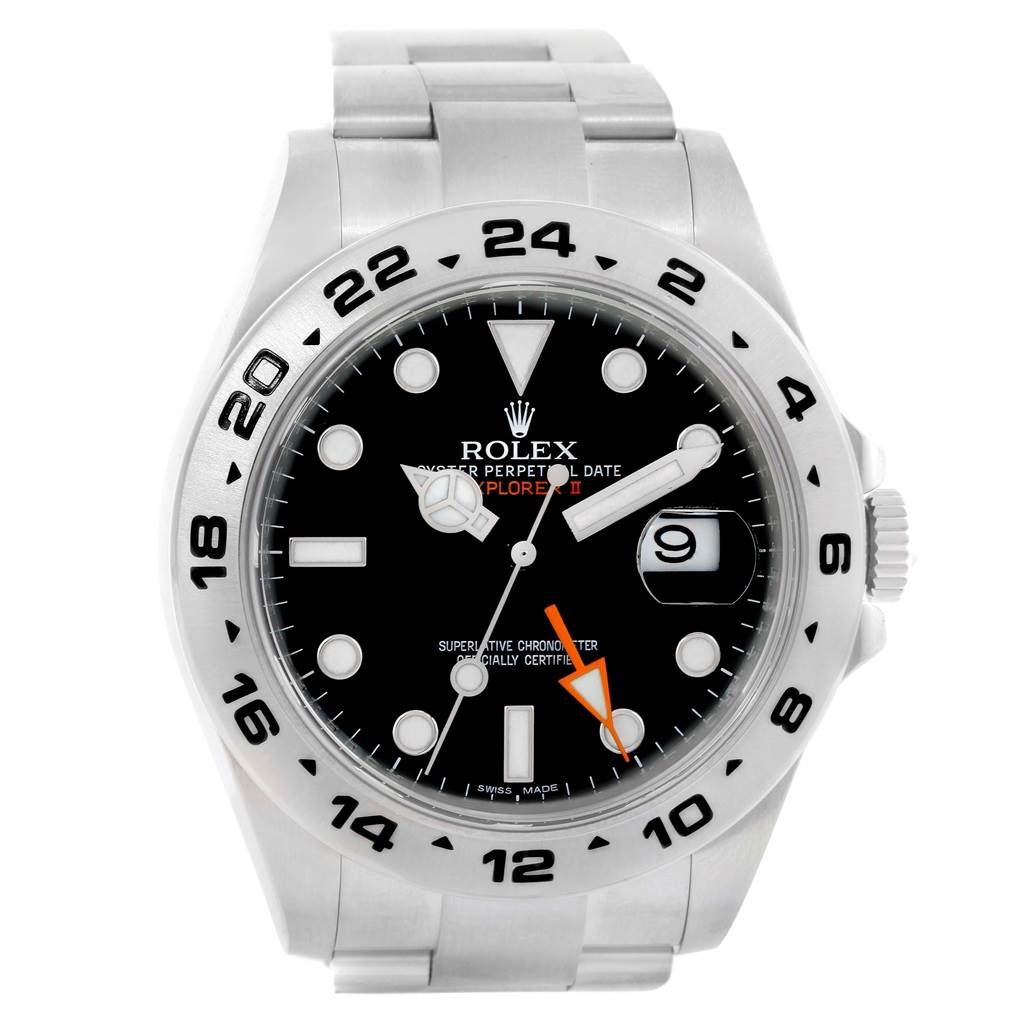 This image shows a frontal view of the Rolex Explorer 216570 Men
s Black Dial 216570 Men
s Black Dial watch, displaying its dial, case, bezel, and part of the bracelet.