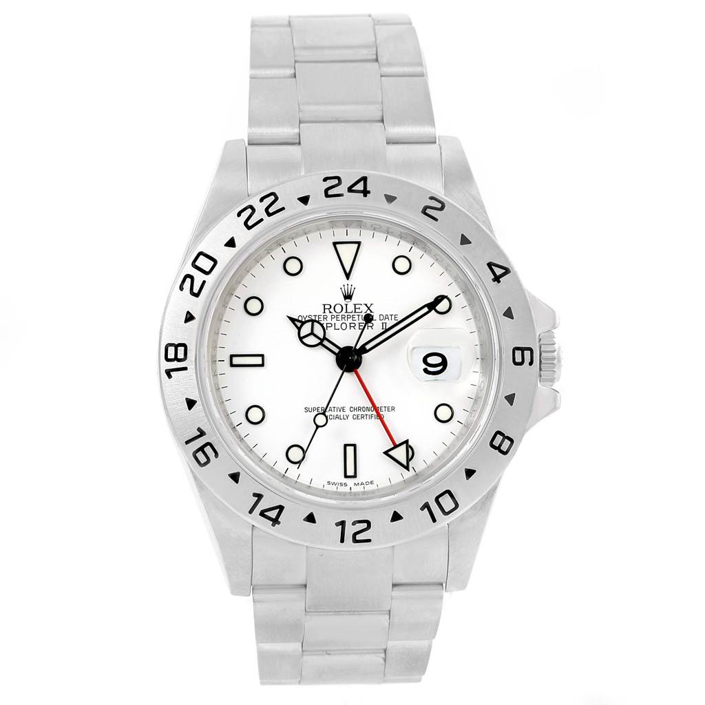 This image shows a front view of a Rolex Explorer 16570 Men's Stainless Steel White Dial 16570 Men's Stainless Steel White Dial watch with a white dial and stainless steel bracelet.