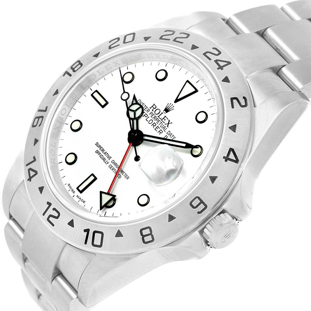 This image shows the face, bezel, and part of the bracelet of the Rolex Explorer 16570 Men's Stainless Steel White Dial 16570 Men's Stainless Steel White Dial watch model at a slight angle from the upper right.