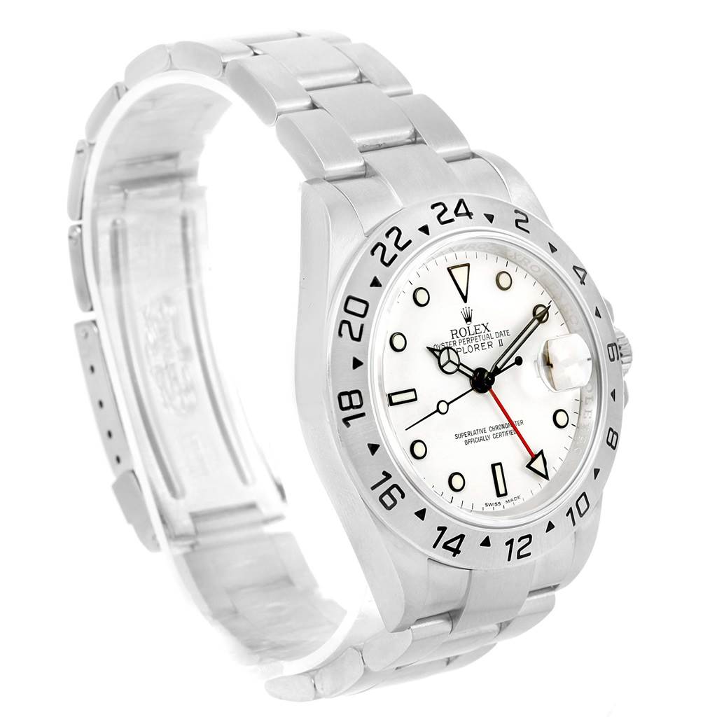 The Rolex Explorer 16570 Men's Stainless Steel White Dial 16570 Men's Stainless Steel White Dial watch is shown from an angled perspective, highlighting its face, bezel, crown, and bracelet.