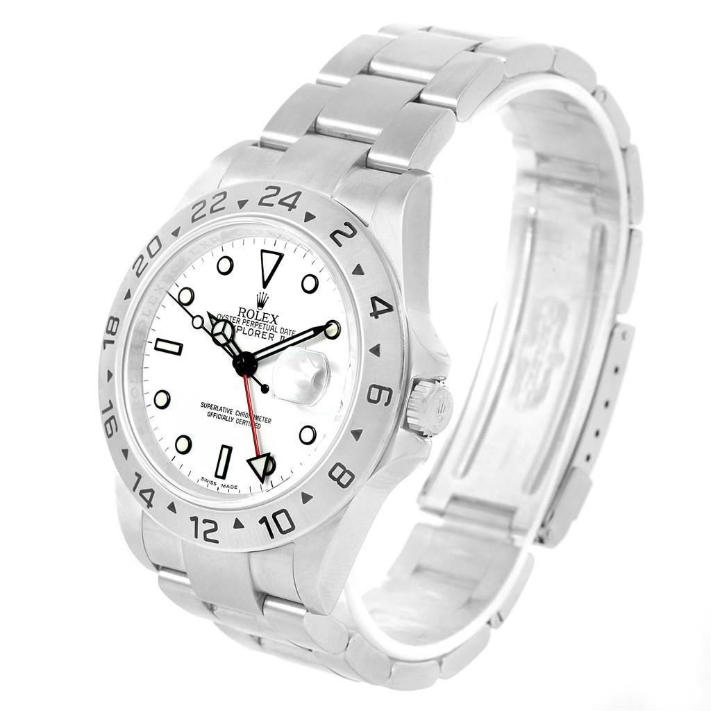 The Rolex Explorer 16570 Men's Stainless Steel White Dial 16570 Men's Stainless Steel White Dial watch is shown from an angled side view, highlighting the dial, bezel, bracelet, and crown.