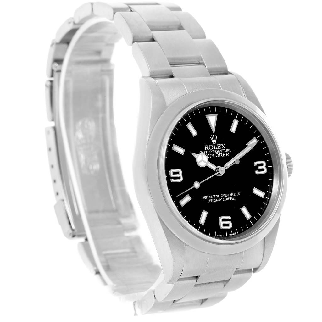 The image shows a side angle of a Rolex Explorer 14270 Men
s Stainless Steel Black Dial 14270 Men
s Stainless Steel Black Dial watch, highlighting its stainless steel bracelet and black dial.