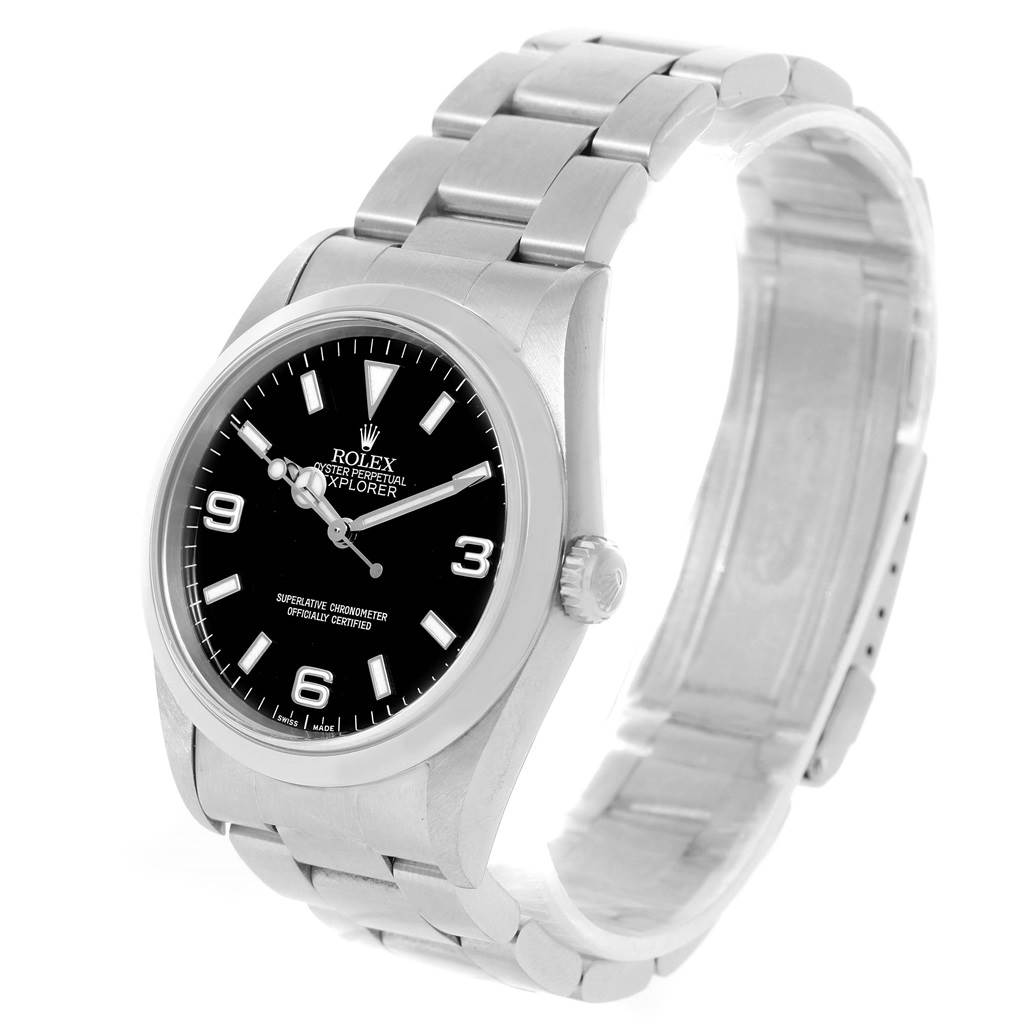 The image shows a front and angled view of the Rolex Explorer 14270 Men
s Stainless Steel Black Dial 14270 Men
s Stainless Steel Black Dial watch, highlighting its black dial, case, and metal bracelet.