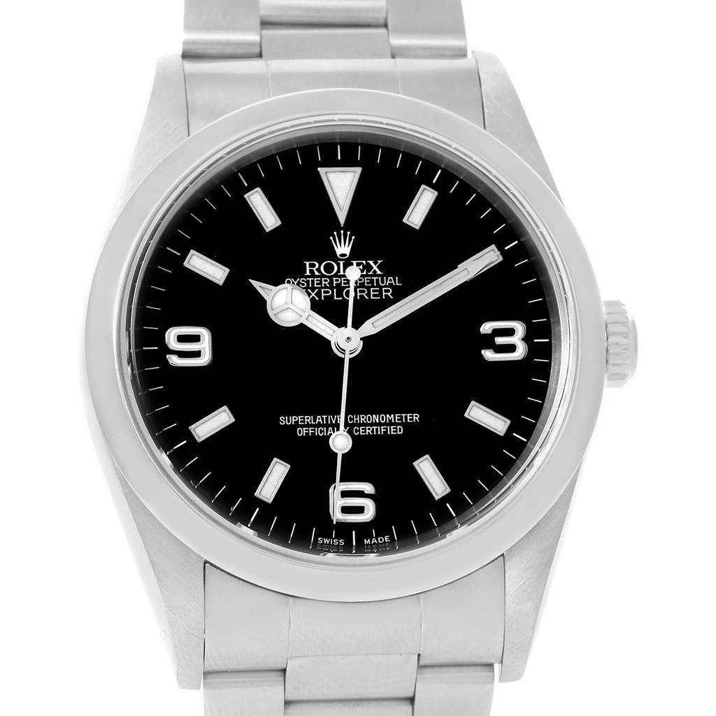 This is a front view of the Rolex Explorer 14270 Men
s Stainless Steel Black Dial 14270 Men
s Stainless Steel Black Dial watch, showing its black dial, metal bracelet, and silver hour markers.