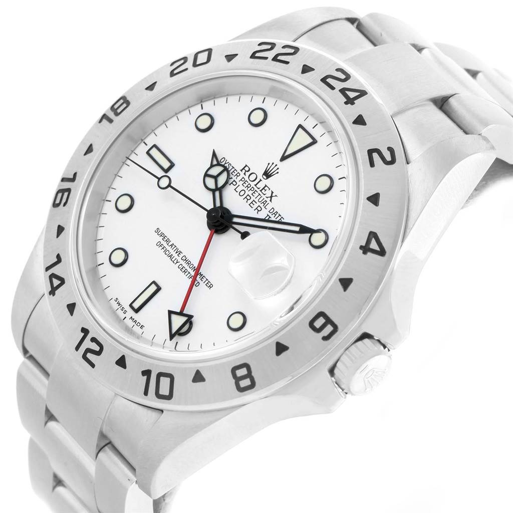 The image shows a side angle of the Rolex Explorer 16570 Men's Stainless Steel White Dial 16570 Men's Stainless Steel White Dial watch, highlighting the dial, bezel, crown, and bracelet.