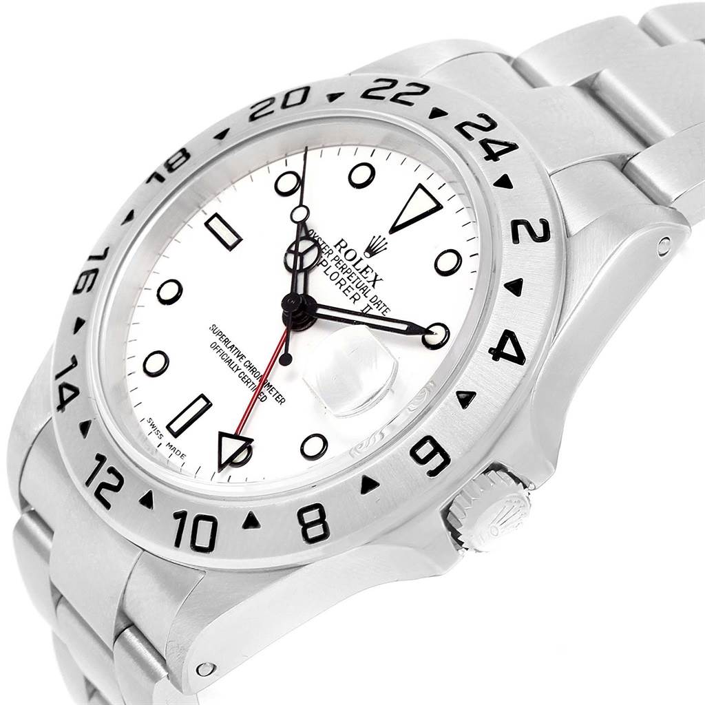 The Rolex Explorer 16570 Men's Stainless Steel White Dial 16570 Men's Stainless Steel White Dial watch is shown at an angle, displaying the watch face, bezel, crown, and part of the bracelet.