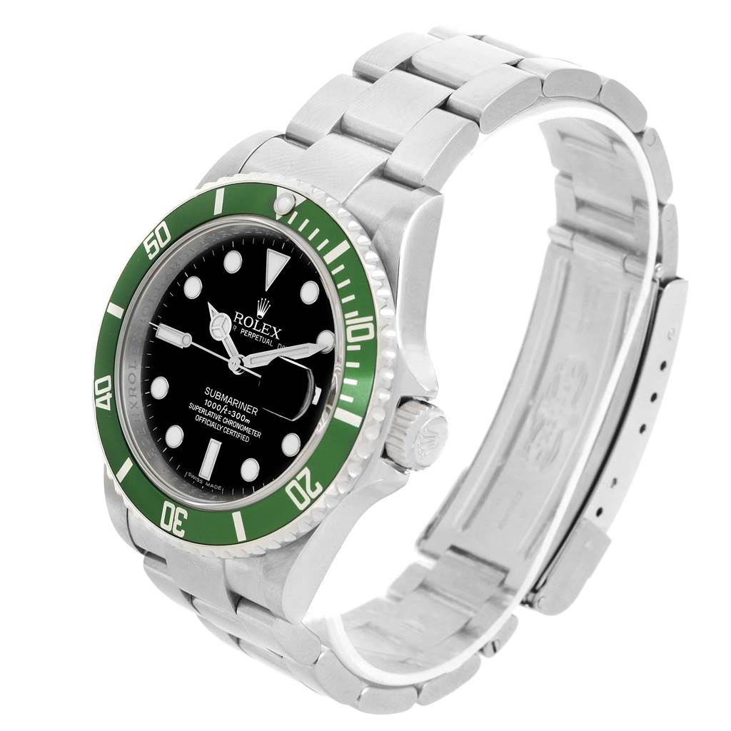 This image shows a Rolex Submariner watch at a slightly angled top view, displaying the face, bezel, crown, and partially open bracelet.