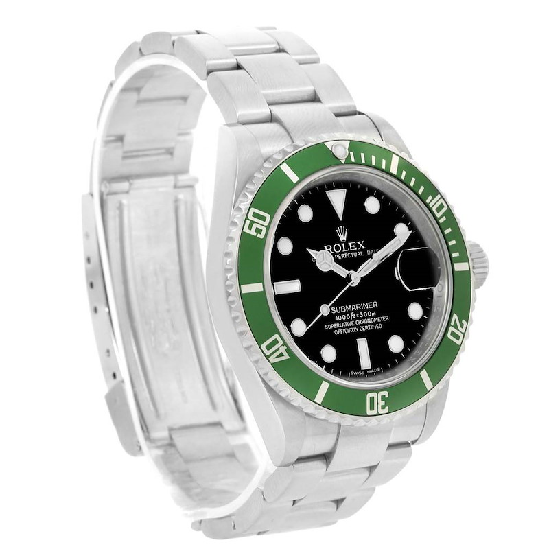 This is a side-angle view of the Rolex Submariner watch, showing the bracelet, bezel, dial, and crown.