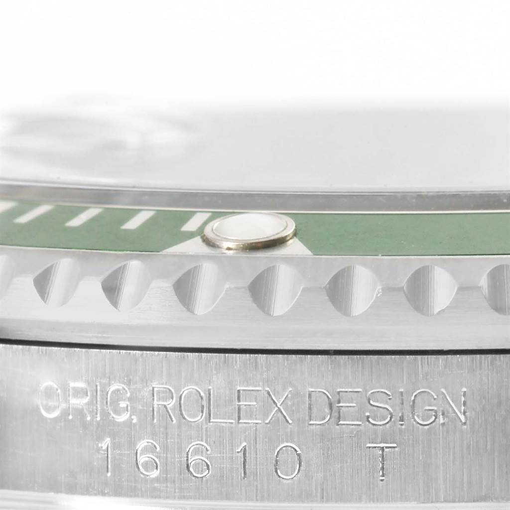 This image shows a close-up of the bezel and case side, including the serial engraving of a Rolex Explorer 16610LV Men's Stainless Steel Black Dial 16610LV Men's Stainless Steel Black Dial watch.