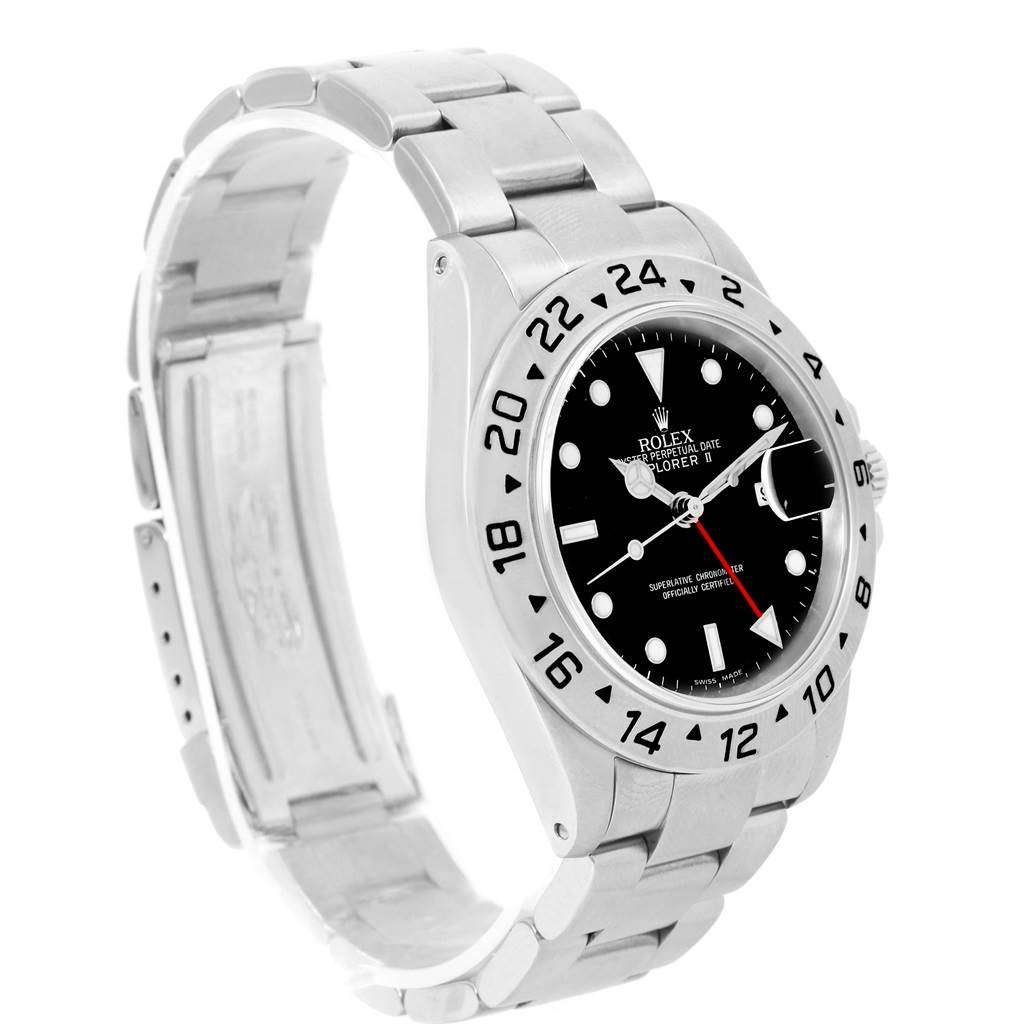 This image shows a Rolex Explorer 16570 Men's Stainless Steel Black Dial 16570 Men's Stainless Steel Black Dial watch at a three-quarter angle, highlighting the dial, bezel, bracelet, and clasp.