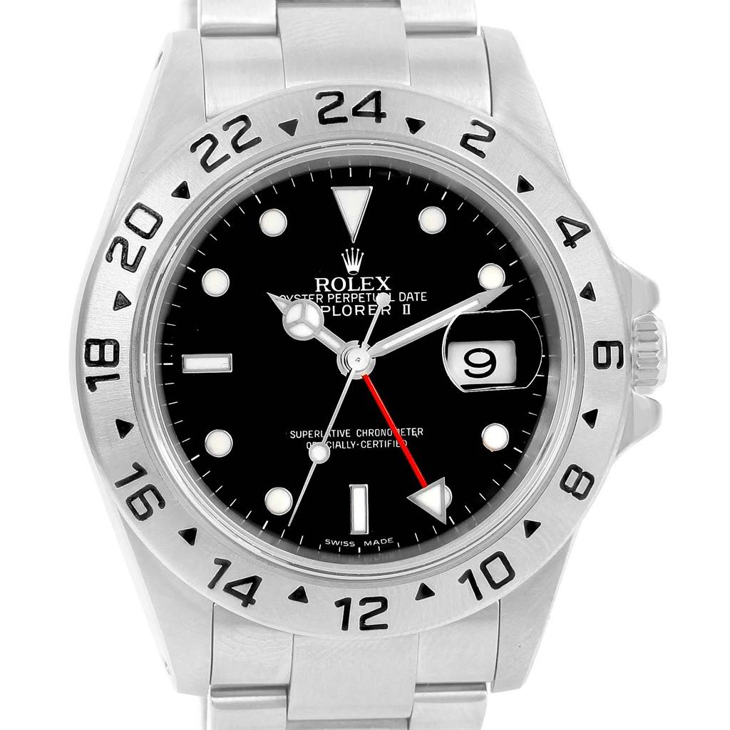 The image shows a front view of the Rolex Explorer 16570 Men's Stainless Steel Black Dial 16570 Men's Stainless Steel Black Dial watch, highlighting its black dial, date window, and stainless steel bracelet.
