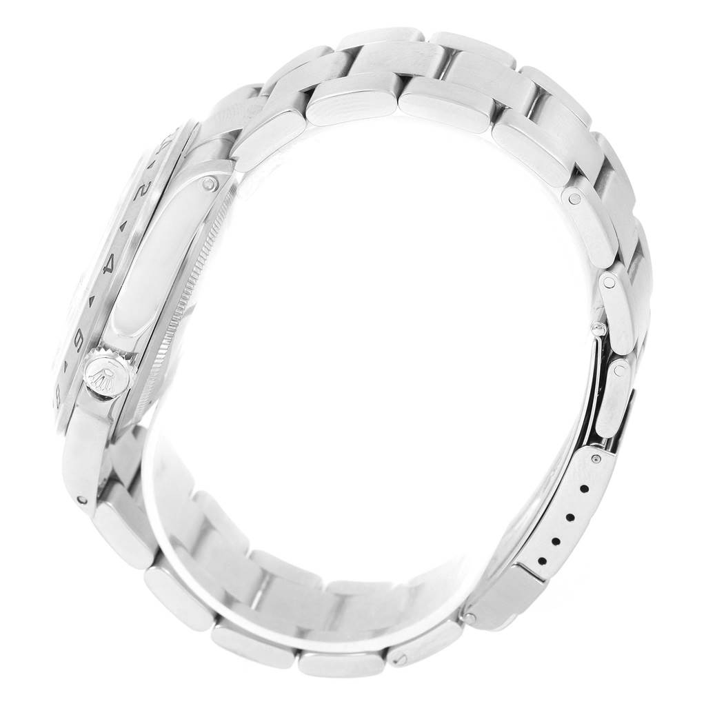 The image shows a side view of a Rolex Explorer 16570 Men's Stainless Steel Black Dial 16570 Men's Stainless Steel Black Dial model watch, highlighting the bracelet and the crown.