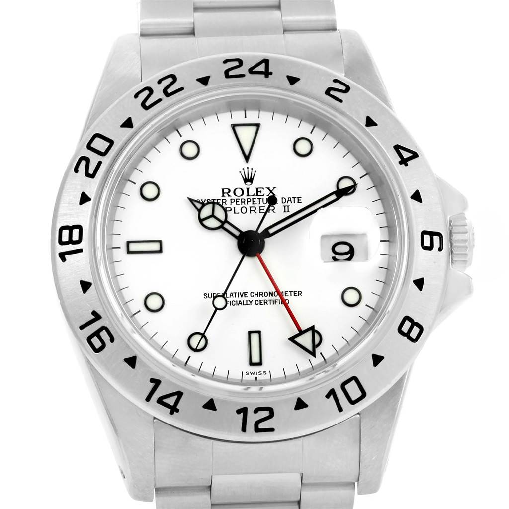 The image shows a front view of the Rolex Explorer 16570 Men's Stainless Steel White Dial 16570 Men's Stainless Steel White Dial watch, highlighting the dial, bezel, and part of the bracelet.
