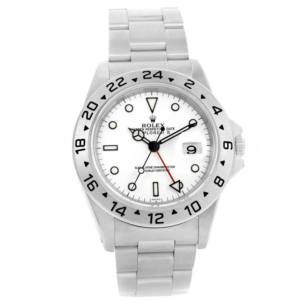 This image shows a front view of a Rolex Explorer 16570 Men's Stainless Steel White Dial 16570 Men's Stainless Steel White Dial watch, highlighting the dial, bezel, hands, and bracelet.