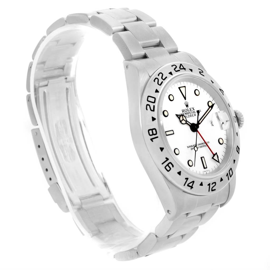 The image shows a Rolex Explorer 16570 Men's Stainless Steel White Dial 16570 Men's Stainless Steel White Dial watch from an angled side view, highlighting the face, bezel, and part of the bracelet.