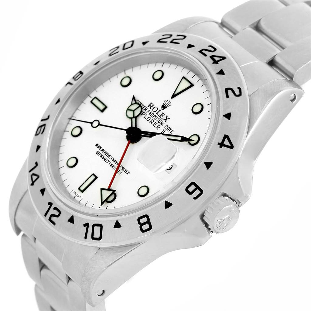 The Rolex Explorer 16570 Men's Stainless Steel White Dial 16570 Men's Stainless Steel White Dial watch is shown at a slight angle, displaying its dial, bezel, crown, and bracelet.