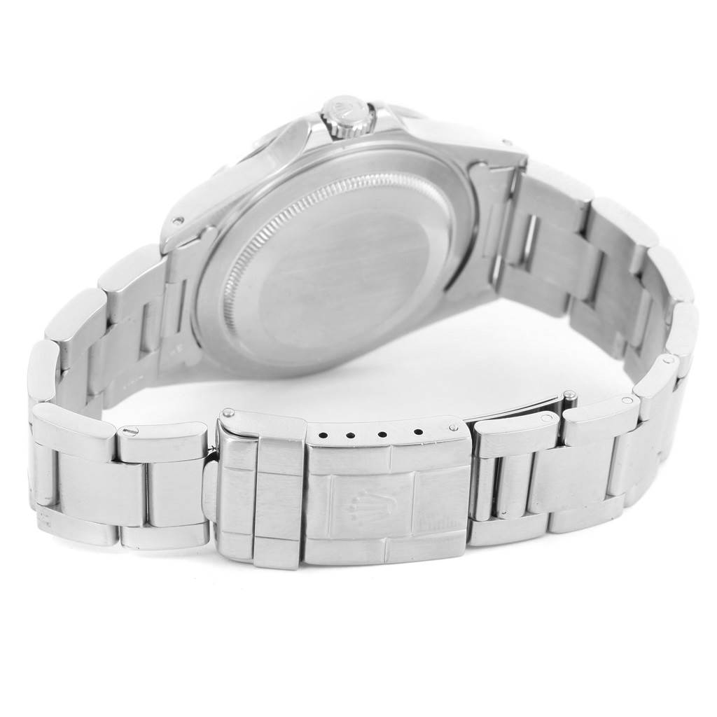 The image shows the back view of the Rolex Explorer 16570 Men's Stainless Steel White Dial 16570 Men's Stainless Steel White Dial watch, highlighting the stainless steel bracelet and clasp.