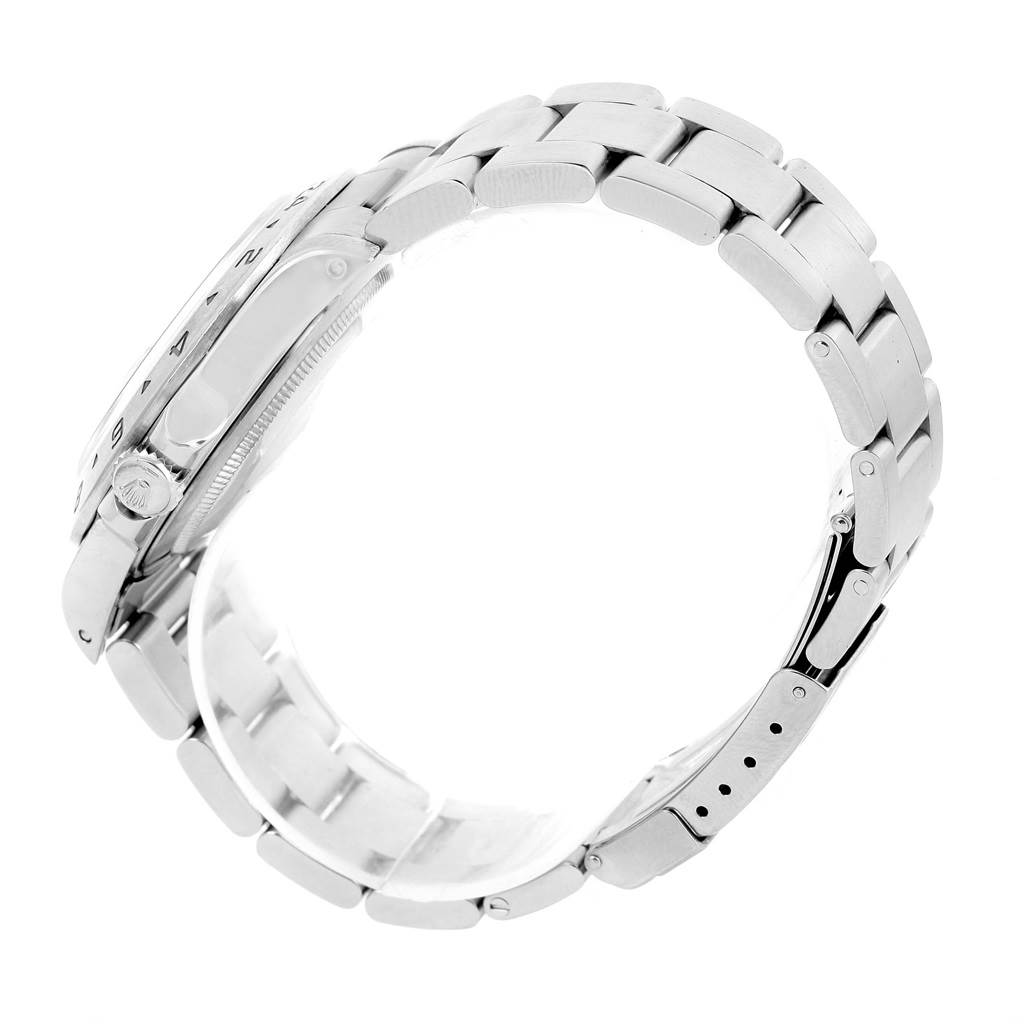 The image shows a side view of a Rolex Explorer 16570 Men's Stainless Steel White Dial 16570 Men's Stainless Steel White Dial watch, highlighting the case, crown, and bracelet.