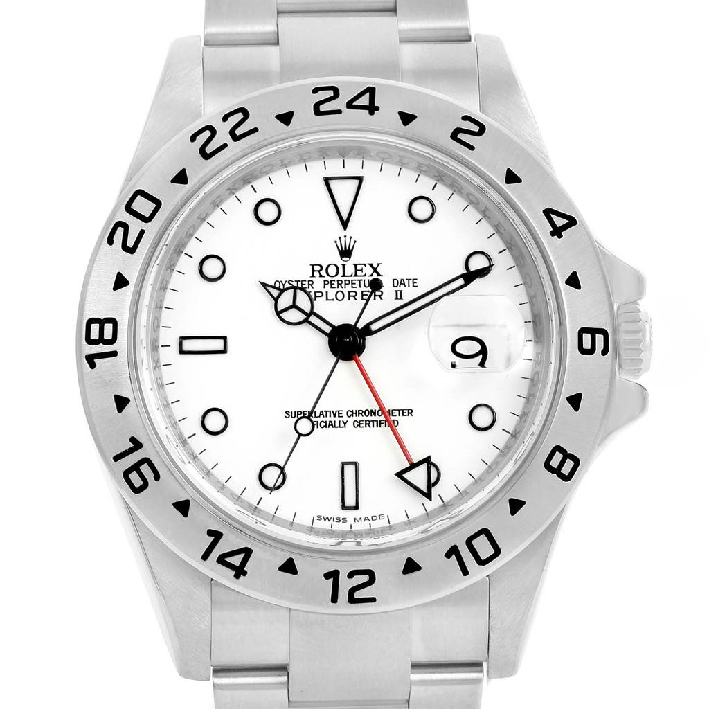 This image shows a front view of a Rolex Explorer 16570 Men's Stainless Steel White Dial 16570 Men's Stainless Steel White Dial watch, highlighting the dial, bezel, and bracelet.