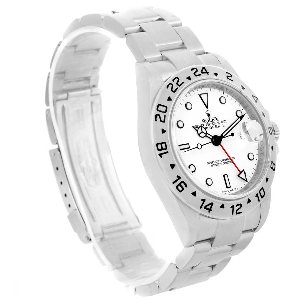 The image shows a side angle of the Rolex Explorer 16570 Men's Stainless Steel White Dial 16570 Men's Stainless Steel White Dial watch, highlighting its bracelet, bezel, and dial.