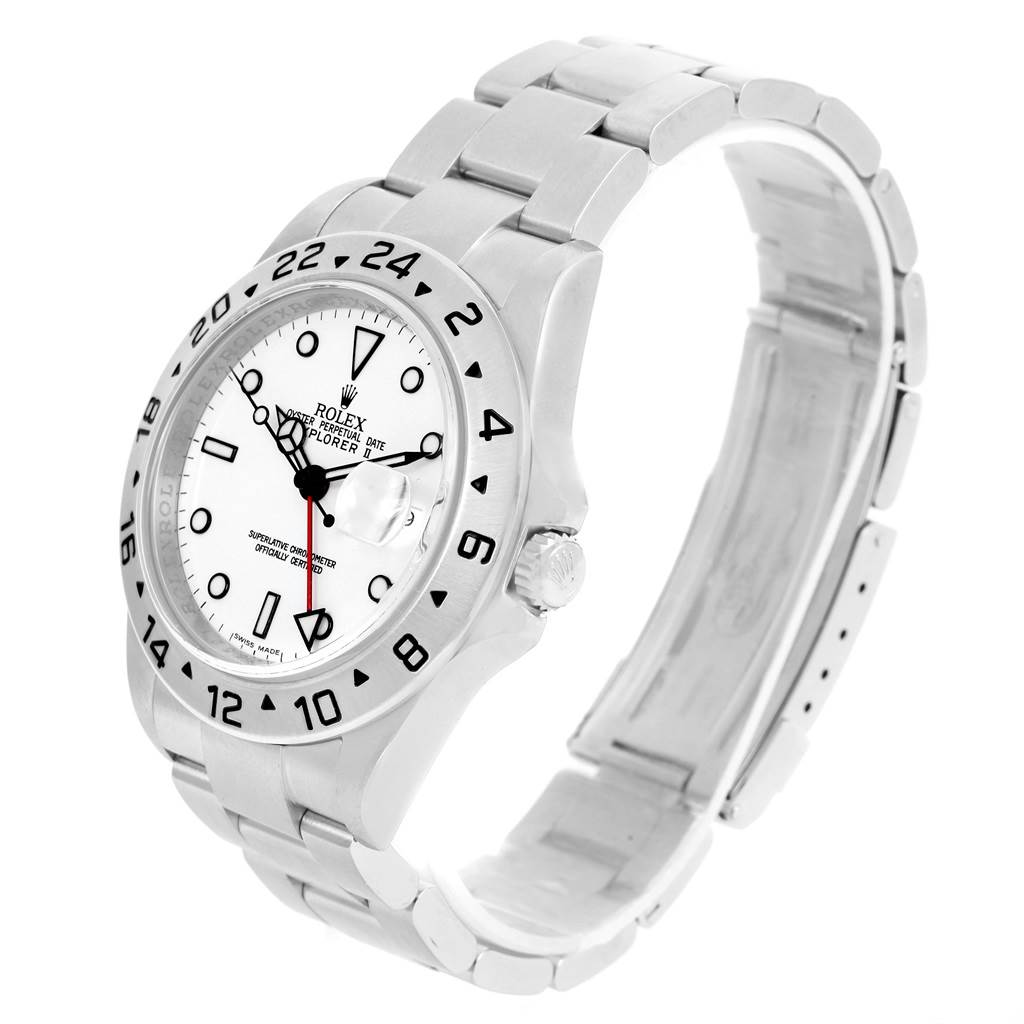 This image shows a Rolex Explorer 16570 Men's Stainless Steel White Dial 16570 Men's Stainless Steel White Dial model watch at a tilted side angle, highlighting the dial, bezel, and partially open bracelet.