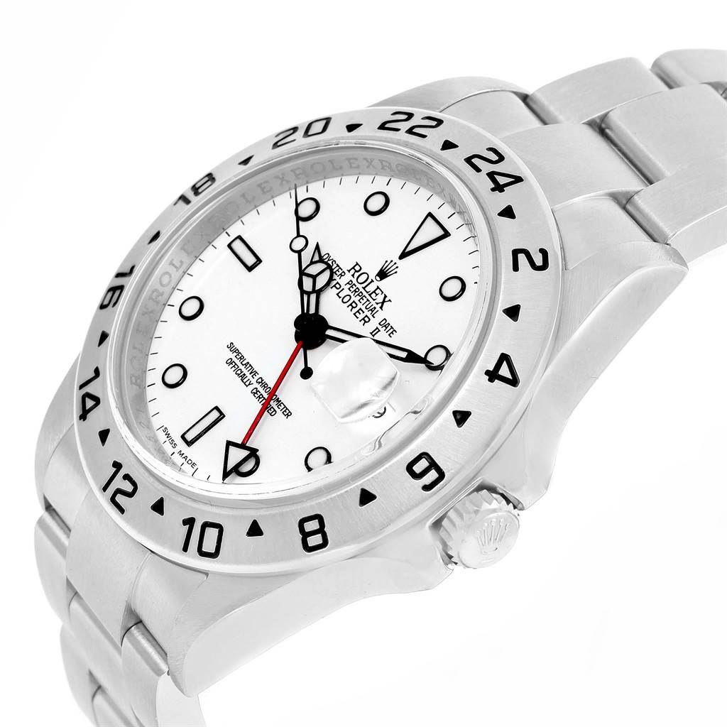 The image displays a Rolex Explorer 16570 Men's Stainless Steel White Dial 16570 Men's Stainless Steel White Dial watch at a three-quarter angle, showing the face, bezel, and bracelet.