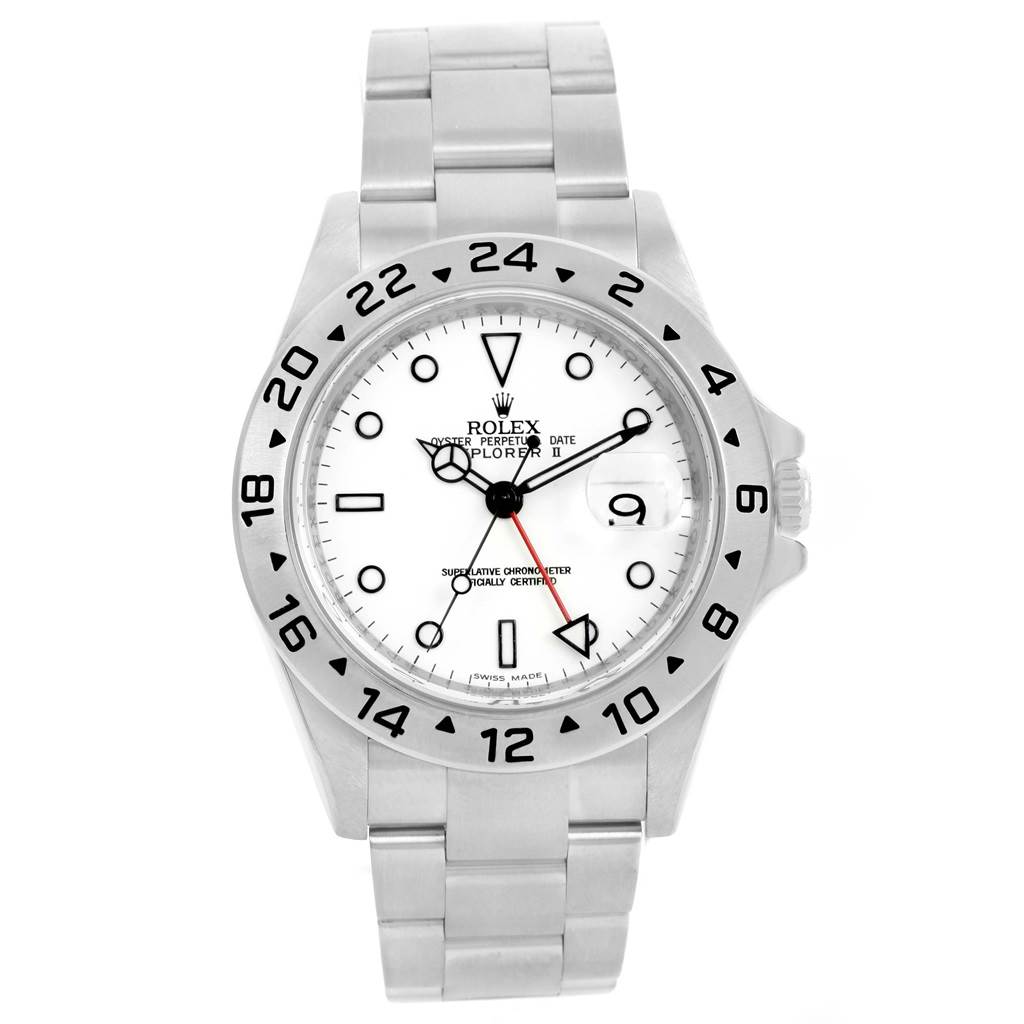 This image shows a front view of the Rolex Explorer 16570 Men's Stainless Steel White Dial 16570 Men's Stainless Steel White Dial watch, featuring the dial, bezel, and a portion of the bracelet.