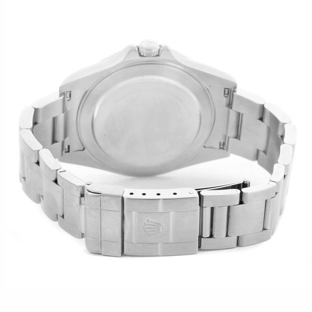 This image shows the back of the Rolex Explorer 16570 Men's Stainless Steel Black Dial 16570 Men's Stainless Steel Black Dial watch, highlighting the case and metal bracelet with the clasp.