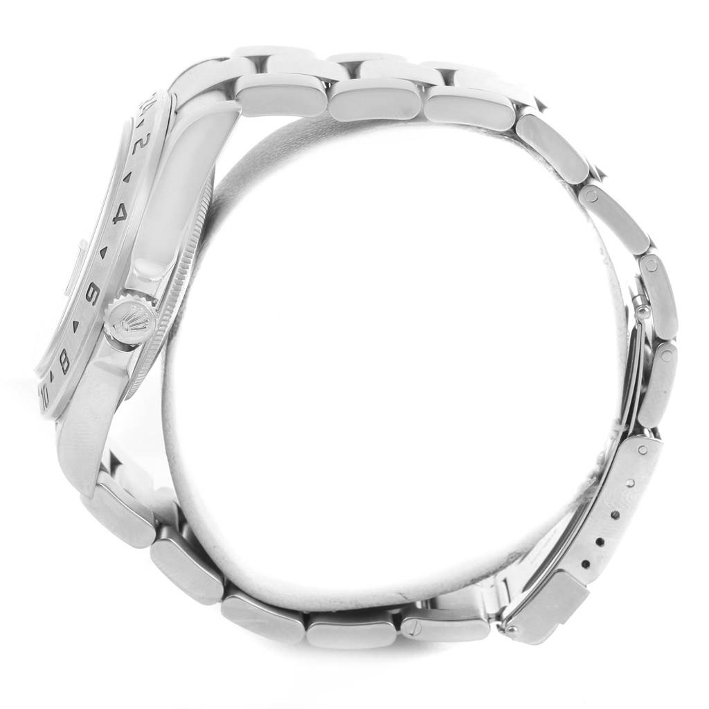 The image shows a side view of the Rolex Explorer 16570 Men's Stainless Steel Black Dial 16570 Men's Stainless Steel Black Dial watch model, highlighting the bezel, crown, and part of the bracelet.