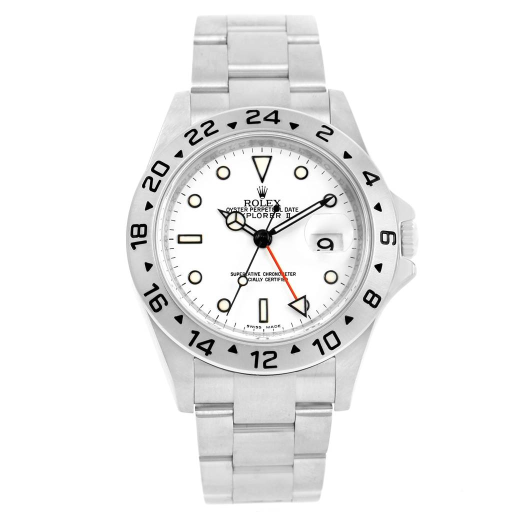 The image shows a frontal view of a Rolex Explorer 16570 Men's Stainless Steel White Dial 16570 Men's Stainless Steel White Dial watch, displaying the dial, bezel, bracelet, and crown.