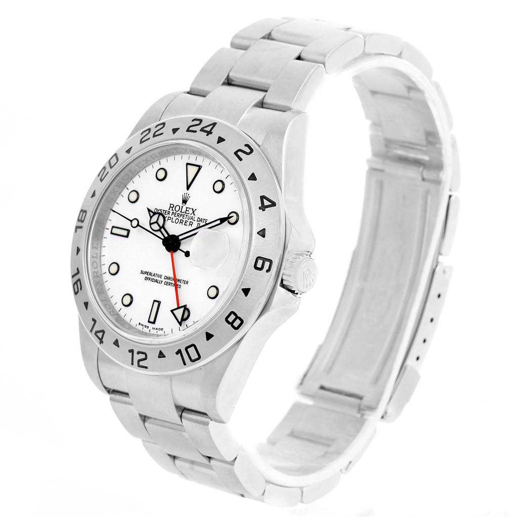 The Rolex Explorer 16570 Men's Stainless Steel White Dial 16570 Men's Stainless Steel White Dial watch is shown from a 3/4 angle, displaying its face, bezel, crown, and bracelet.
