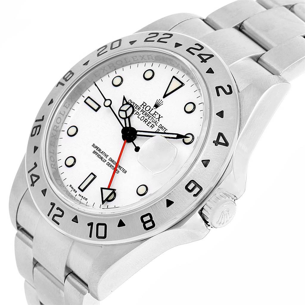 The image shows a close-up of the Rolex Explorer 16570 Men's Stainless Steel White Dial 16570 Men's Stainless Steel White Dial watch's face, bezel, crown, and part of the bracelet at an angle.