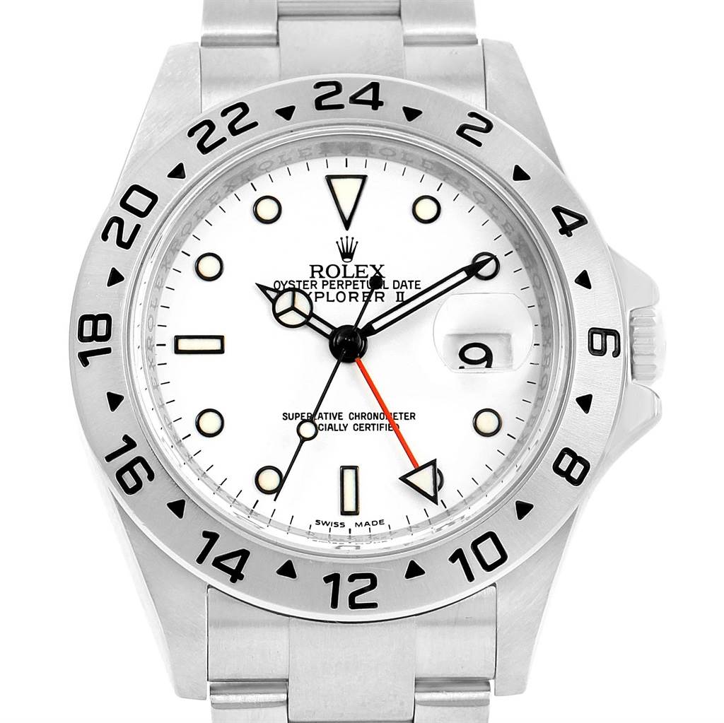 The image shows a front view of the Rolex Explorer 16570 Men's Stainless Steel White Dial 16570 Men's Stainless Steel White Dial watch, displaying its dial, bezel, and bracelet.