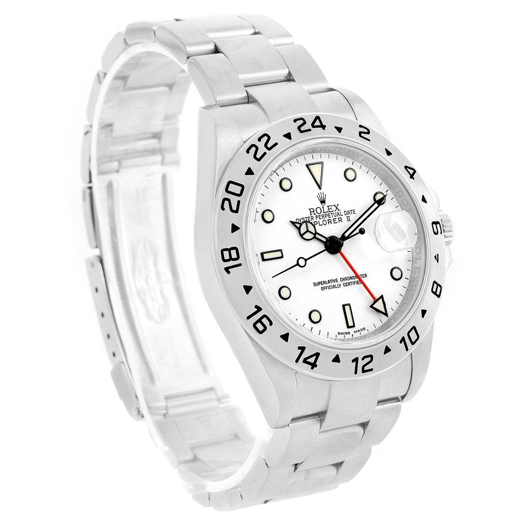 The image shows a Rolex Explorer 16570 Men's Stainless Steel White Dial 16570 Men's Stainless Steel White Dial watch angled slightly to display the dial, bezel, and metallic bracelet clearly.