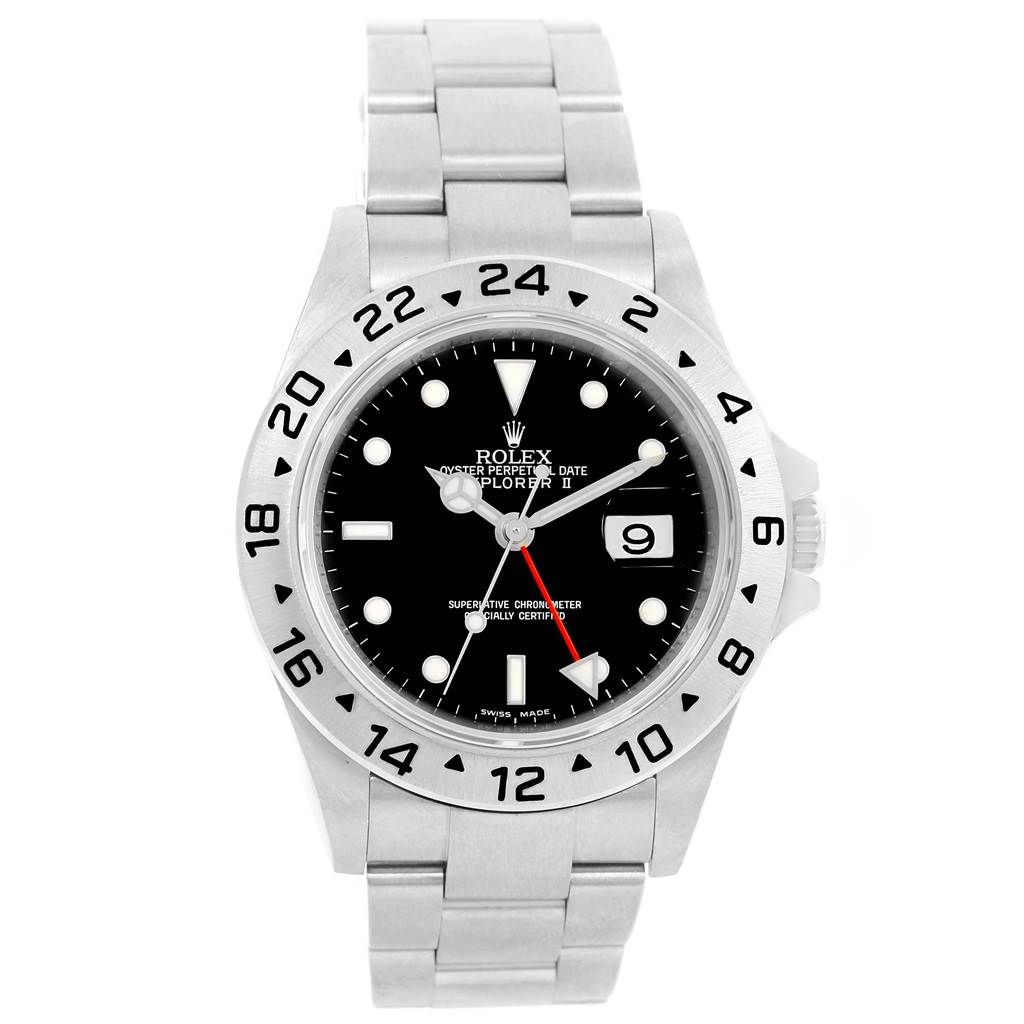 The image shows a front view of the Rolex Explorer 16570 Men's Stainless Steel Black Dial 16570 Men's Stainless Steel Black Dial watch, displaying its dial, bezel, hands, date window, and bracelet.