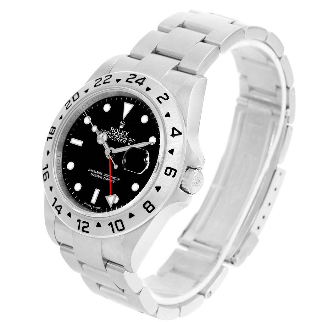 The image shows a side view of a Rolex Explorer 16570 Men's Stainless Steel Black Dial 16570 Men's Stainless Steel Black Dial with a black dial, silver bezel, and stainless steel bracelet.