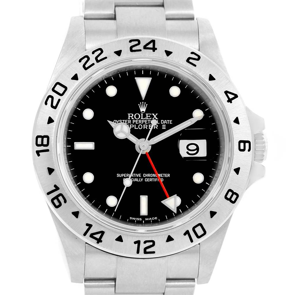 This Rolex Explorer 16570 Men's Stainless Steel Black Dial 16570 Men's Stainless Steel Black Dial watch is shown from a direct front angle, highlighting the dial, hands, bezel, and bracelet.