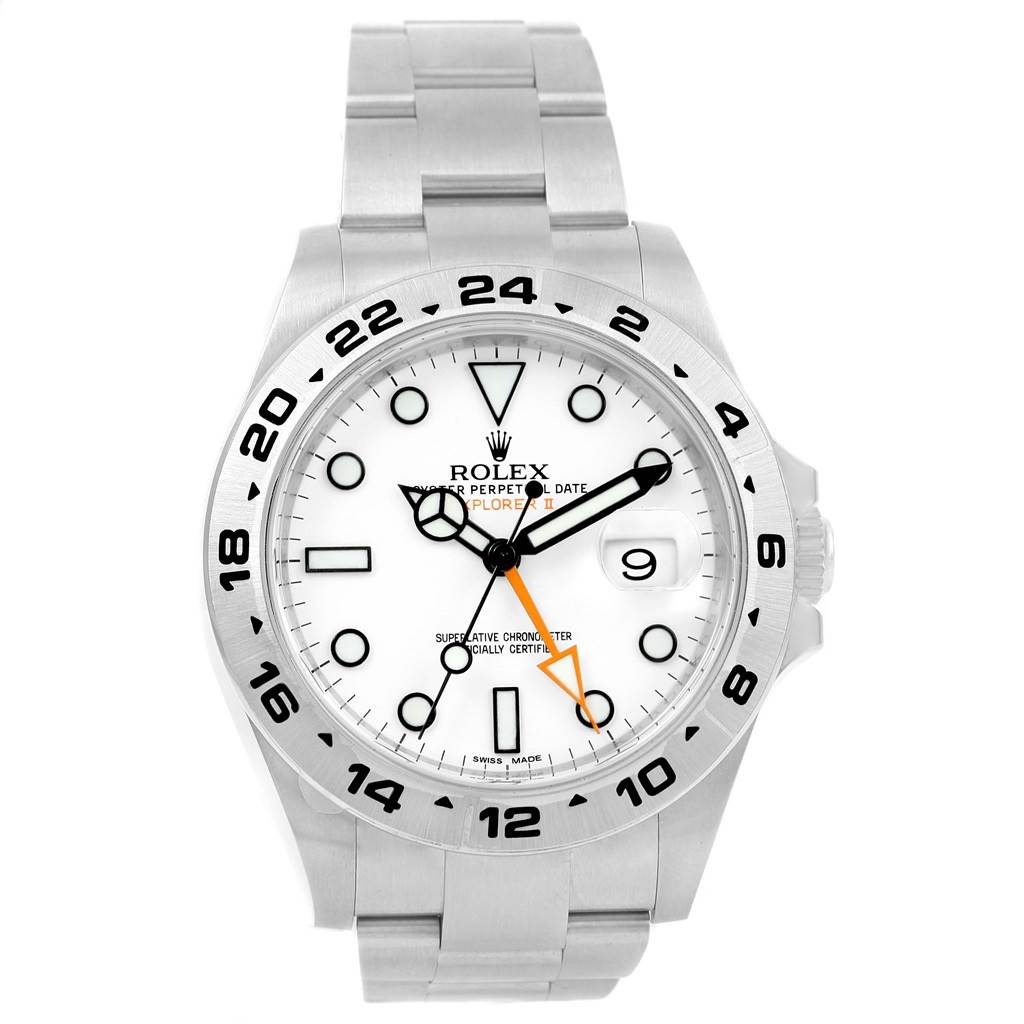 This image shows the front view of a Rolex Explorer 216570 Men's Stainless Steel White Dial 216570 Men's Stainless Steel White Dial watch, highlighting its dial, bezel, hands, and bracelet.