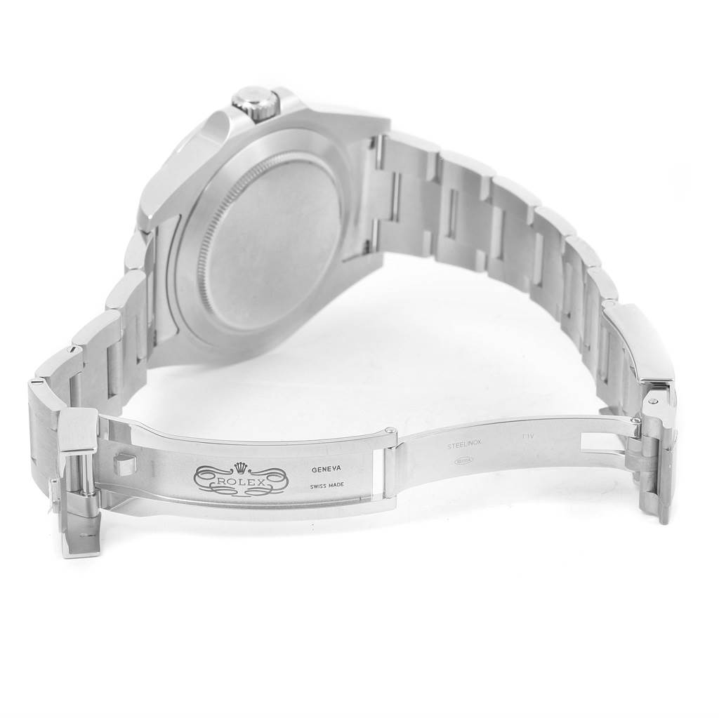 The image shows the backside and open clasp of a Rolex Explorer 216570 Men's Stainless Steel White Dial 216570 Men's Stainless Steel White Dial watch, highlighting its bracelet and case back.