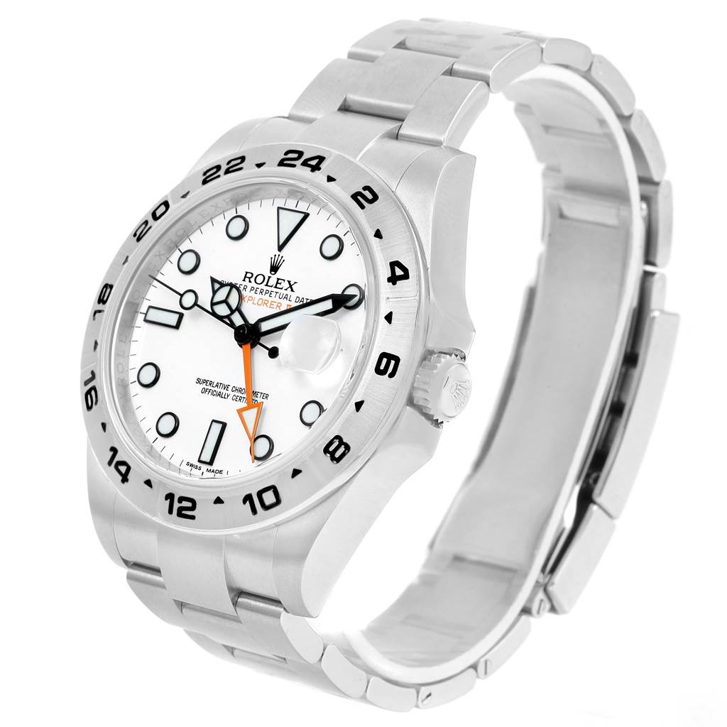 This image shows a Rolex Explorer 216570 Men's Stainless Steel White Dial 216570 Men's Stainless Steel White Dial model viewed from an oblique angle, highlighting the white dial, bezel, crown, and bracelet.