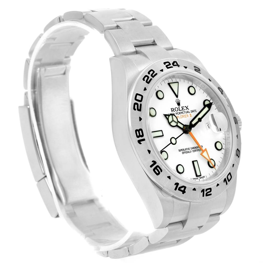 The image shows a side angle of the Rolex Explorer 216570 Men's Stainless Steel White Dial 216570 Men's Stainless Steel White Dial watch, highlighting the face, bezel, and bracelet.