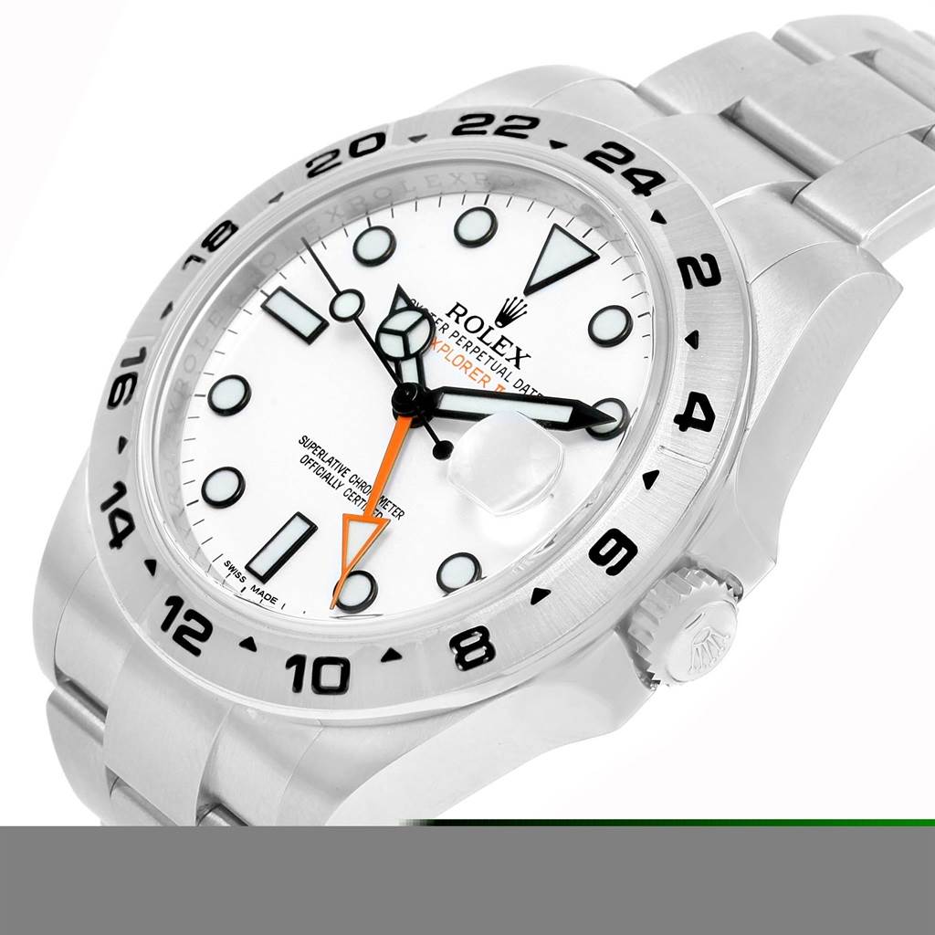The image shows a close-up side angle of a Rolex Explorer 216570 Men's Stainless Steel White Dial 216570 Men's Stainless Steel White Dial watch with a white dial and a stainless steel bracelet.