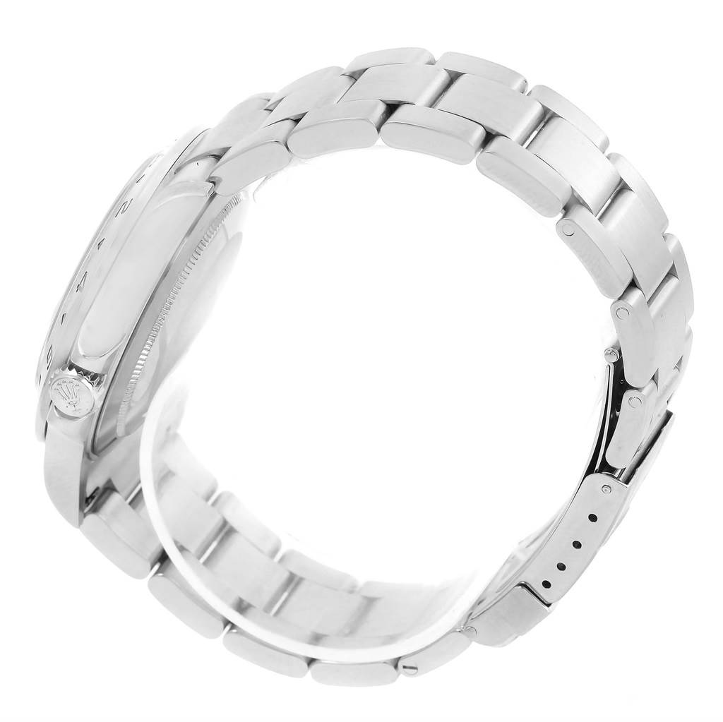 This image shows the side view of a Rolex Explorer 16570 Men's Stainless Steel Black Dial 16570 Men's Stainless Steel Black Dial watch, focusing on its bracelet and clasp.