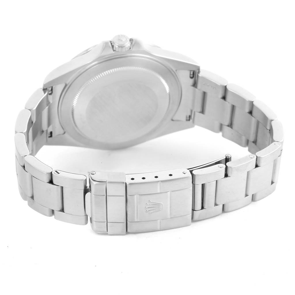 The image shows the back case and stainless steel bracelet of a Rolex Explorer 16570 Men's Stainless Steel Black Dial 16570 Men's Stainless Steel Black Dial watch, viewed from an angled perspective.