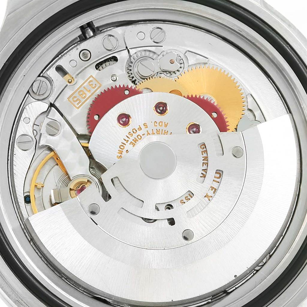 This image shows the intricate internal movement and mechanical parts of a Rolex Explorer 16570 Men's Stainless Steel Black Dial 16570 Men's Stainless Steel Black Dial model watch from a back angle.